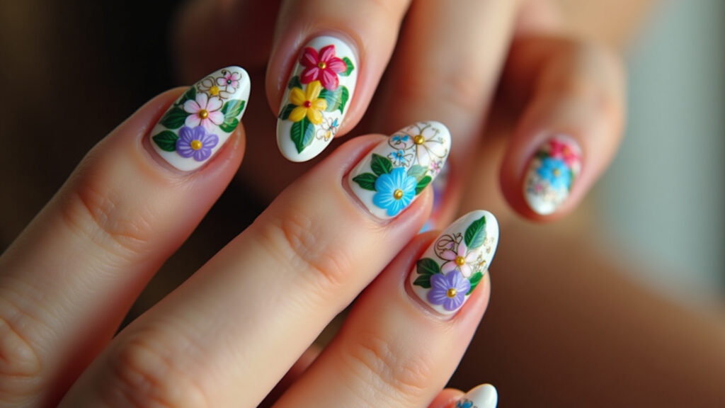 Close-up, professional photography, almond-shaped fiberglass nails, vibrant colors, intricate Unhas de fibra de vidro almond decoradas com flores vibrantes.
