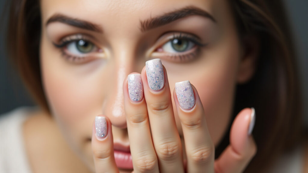 Close-up, professional photography of a woman's hand showcasing a single nail art design with Unha decorada filha única com glitter.