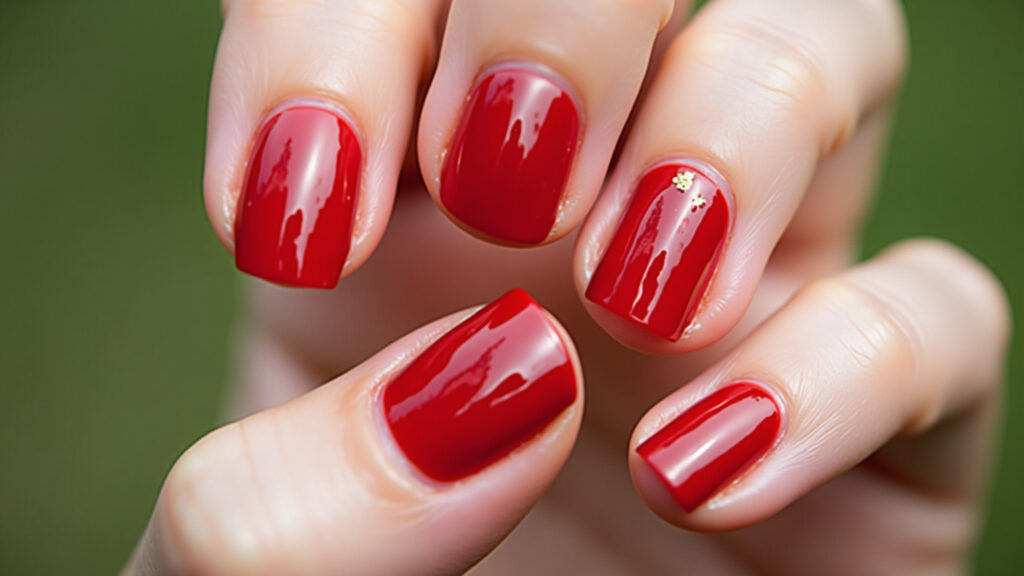 Close-up, professional photography of a woman's hand showcasing vibrant red gel nails with delicate Unha de gel vermelha decorada com glitter dourado.