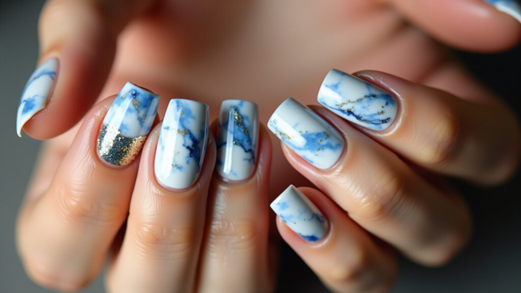 Close-up professional photography of manicured hands with gel nail polish, marble effect in blue, Unhas marmorizadas em gel com tons de azul, branco e dourado.