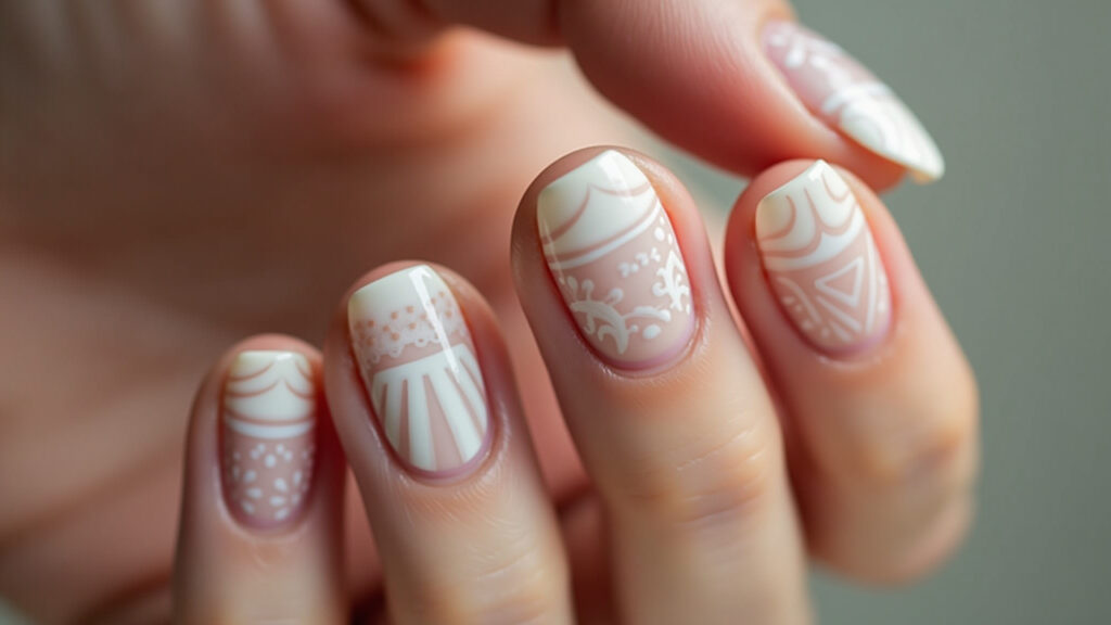 Close-up, professional photography of modern nail art featuring minimalist geometric designs on Unhas decoradas moderna com design geométrico minimalista.