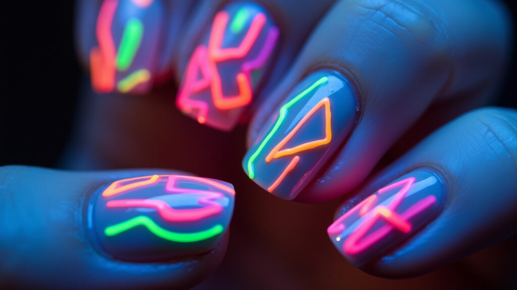 Close-up, professional photography of nails with neon geometric designs, vibrant colors, sharp Unhas com desenhos geométricos neon coloridos.