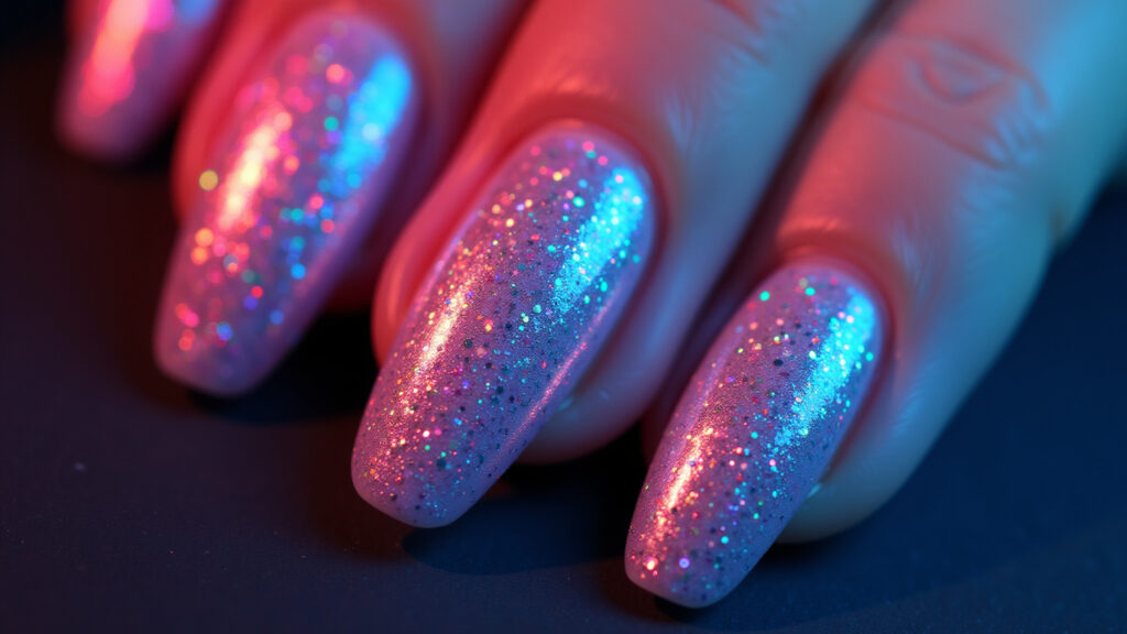 Close-up, professional photography of nails with neon glitter, sparkling and vibrant, sharp focus, Unhas com glitter neon brilhante e vibrante.