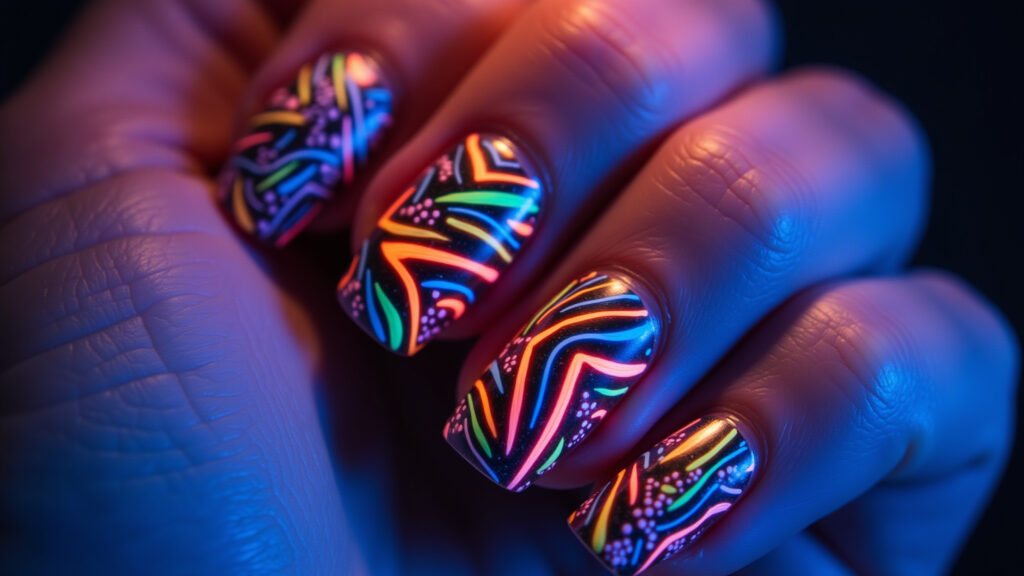 Close-up, professional photography of nails with neon animal print, zebra pattern, vibrant colors, Unhas com estampa de zebra neon ousada.