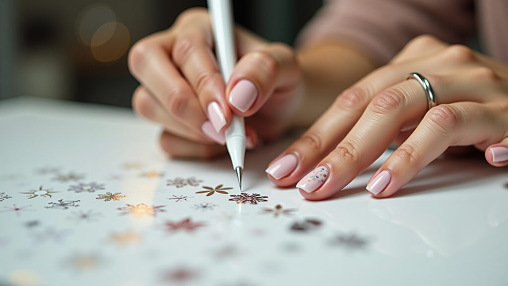 Close-up, professional photography of woman's hand applying nail stickers, various designs, natural Aplicação de adesivos de unha.