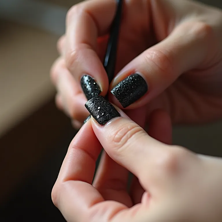 Colando pedrarias nas unhas.