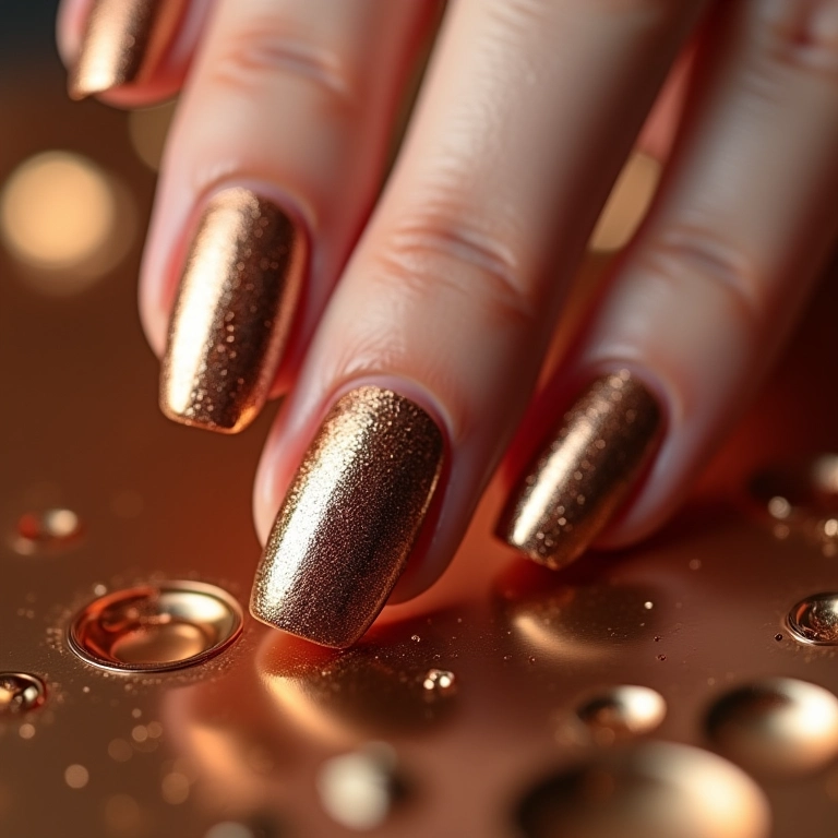 Coleção de esmaltes metálicos em tons de ouro, prata e bronze, refletindo glamour.
