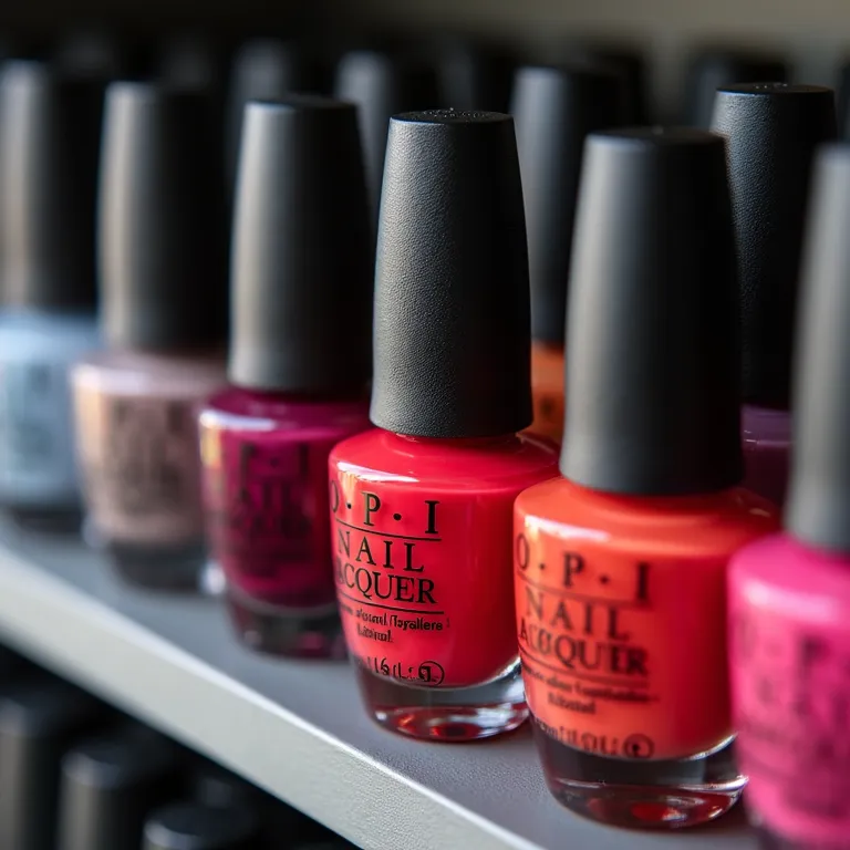 Coleção de esmaltes OPI em prateleira colorida.