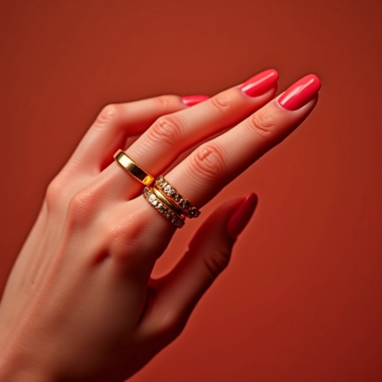 Combinação de esmalte coral e anéis dourados.