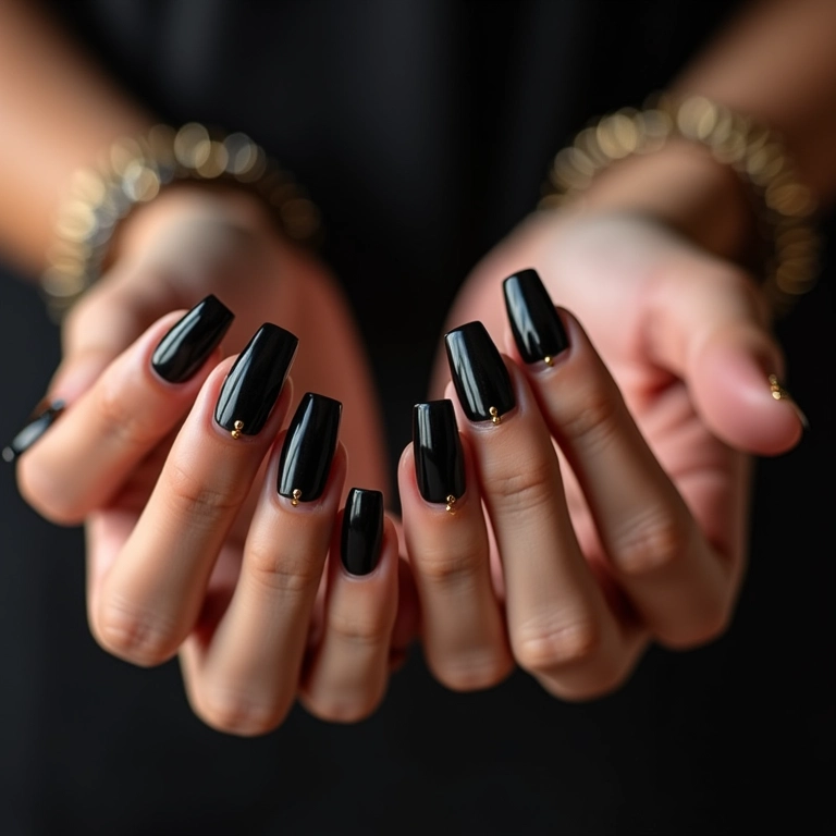 Combinação perfeita: unhas pretas com detalhes dourados.