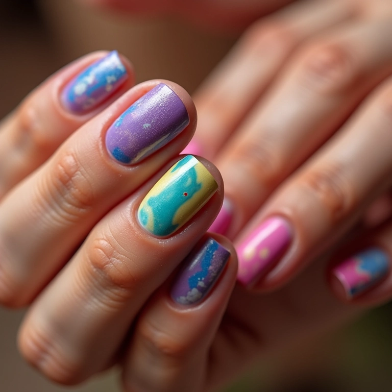 Combinações de cores criativas para unhas marmorizadas.