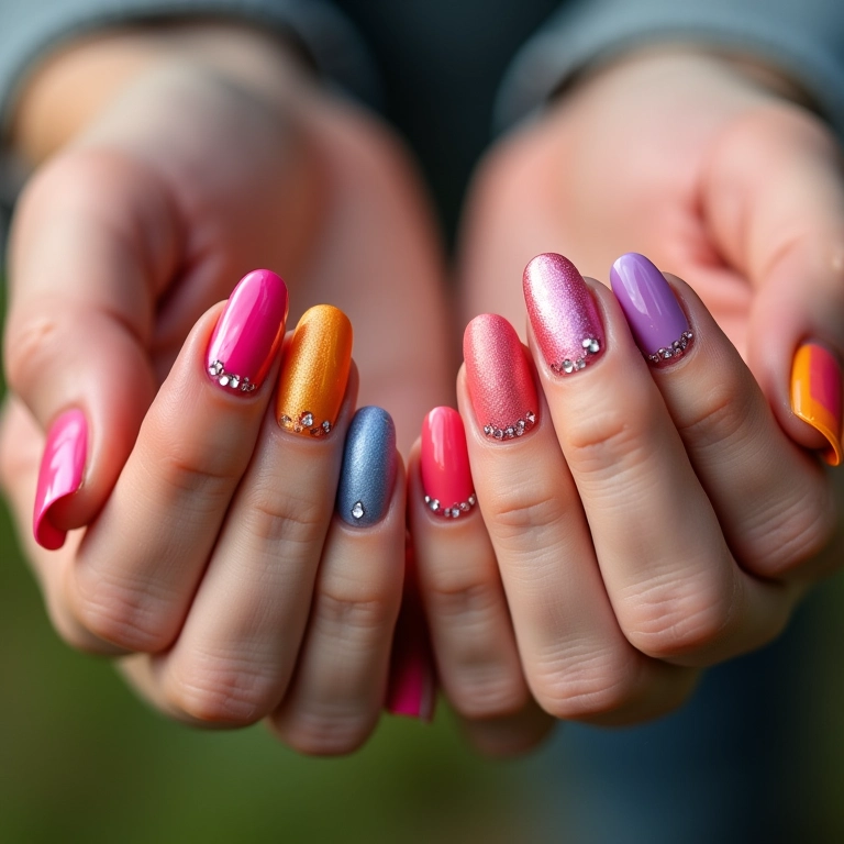 Combinações vibrantes de cores e pedrarias em unhas decoradas.