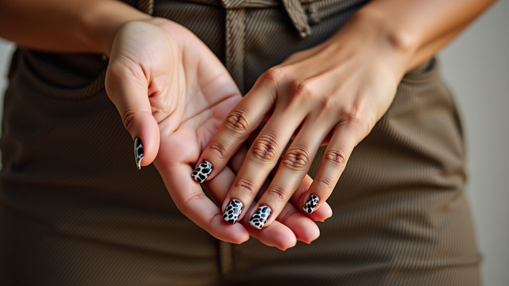 Commercial photography of hands with animal print in gel, fashion style, Brazilian woman, bold Animal print com esmalte em gel: para as amantes da moda.