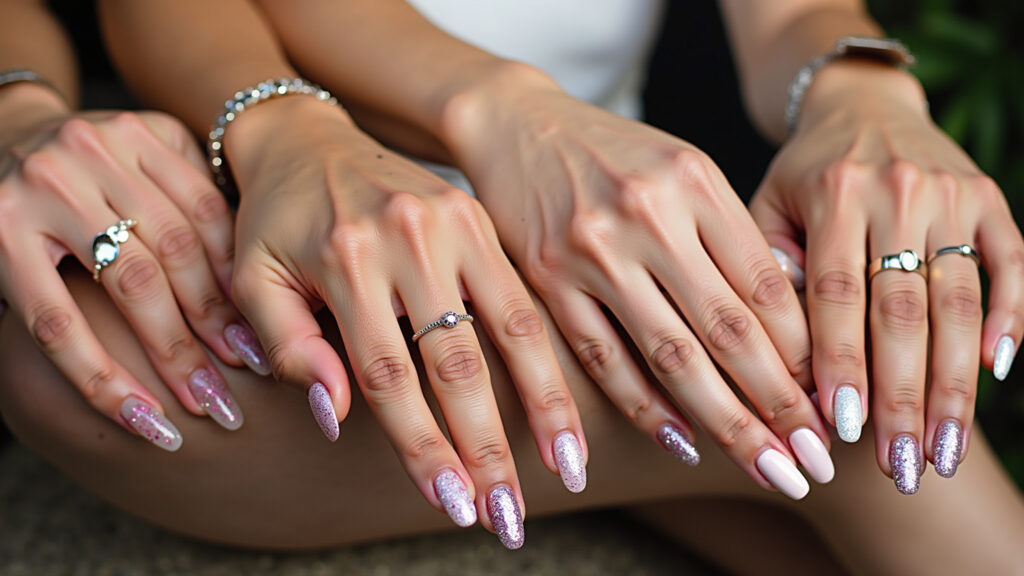 Commercial photography of hands with gel nail polish and glitter, different colors and sizes, Unhas com glitter e esmalte em gel para todas as ocasiões.