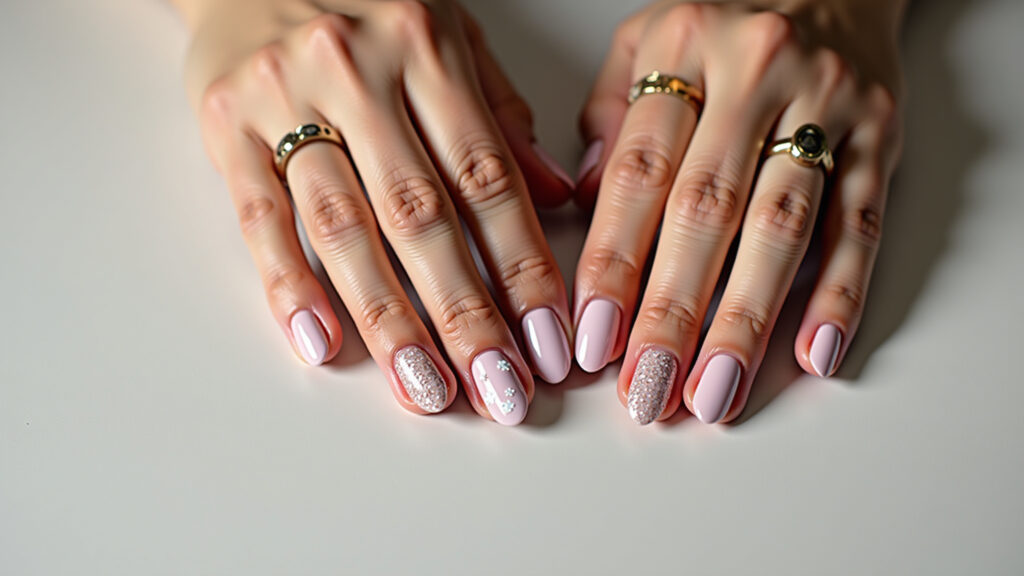 Commercial photography of hands with gel nail polish and stickers, various designs, practical and Unhas com esmalte em gel e adesivos: praticidade e versatilidade.