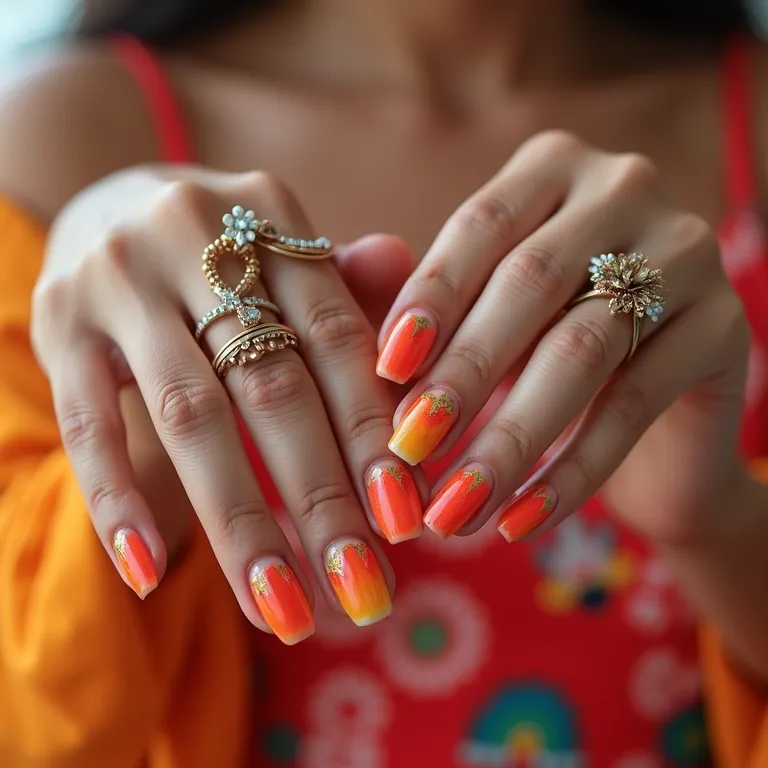 Cores vibrantes de unhas em gel.