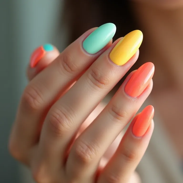 Cores vibrantes e alegres em unhas de gel curtas.