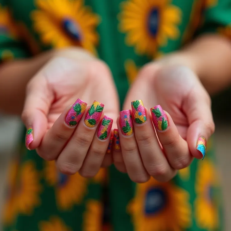 Cores vibrantes nas unhas, alegria e diversão.