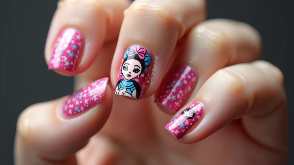 Creative Barbie nail art with hand-painted designs, unique and expressive, professional Unhas Barbie com desenhos temáticos.
