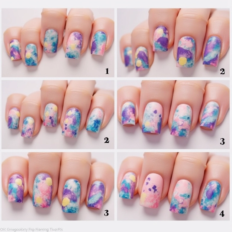 Criação de efeito marmorizado em unhas decoradas.