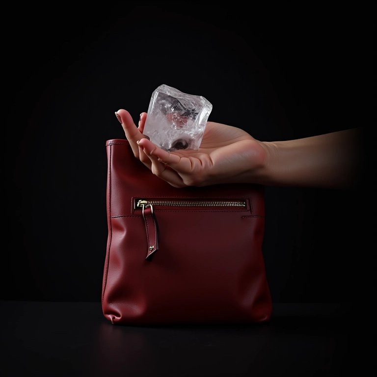 Cubo de gelo sendo usado em mancha de esmalte em bolsa de couro.