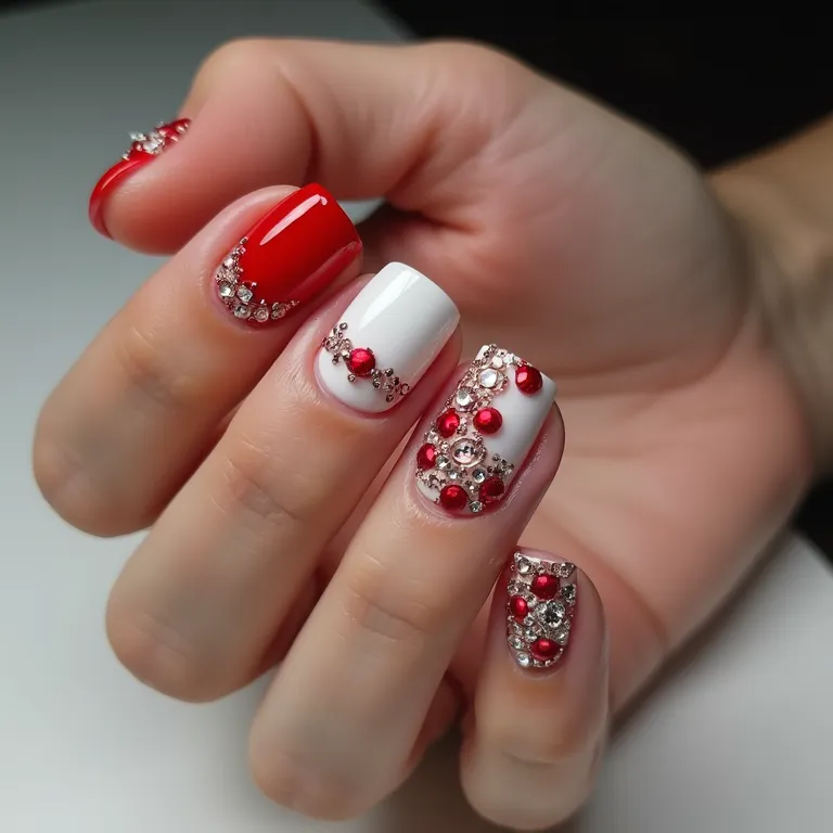 Customização com pedrarias e strass em unhas vermelhas e brancas.