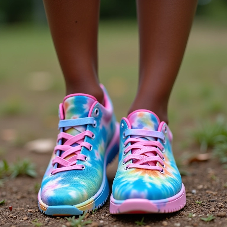Customização de tênis com esmalte tie-dye.