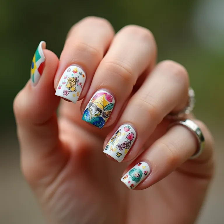 Decalques e adesivos temáticos em unhas curtas.