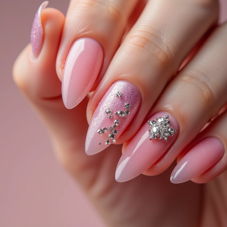Decoração com pedrarias em unhas de acrigel.