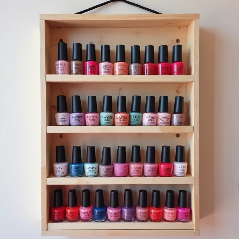 Decoração criativa com porta esmalte de parede e frascos coloridos.