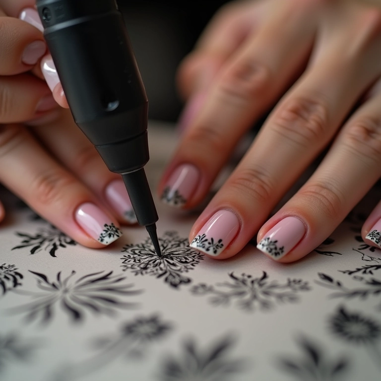 Decoração de unhas com carimbo.