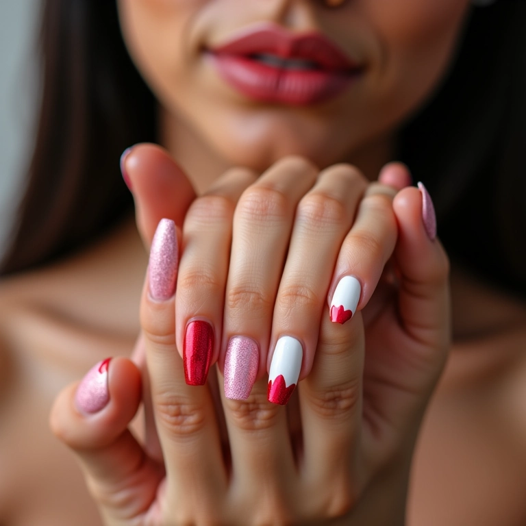 Decoração de unhas com corações apaixonados.