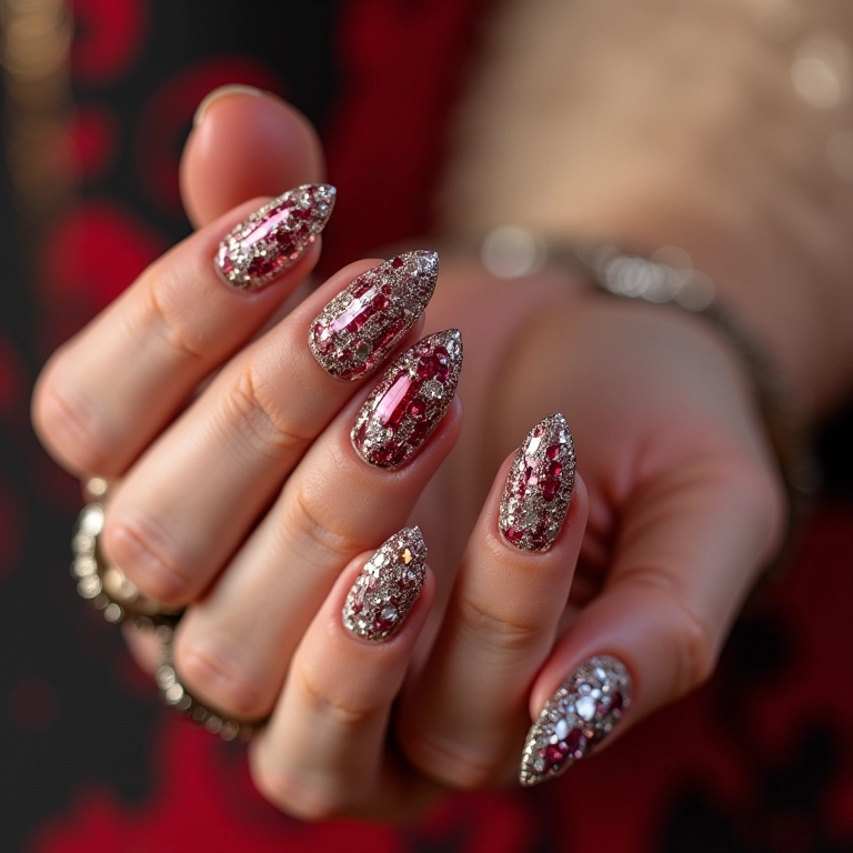 Decoração de unhas com pedrarias e cristais para o Carnaval.