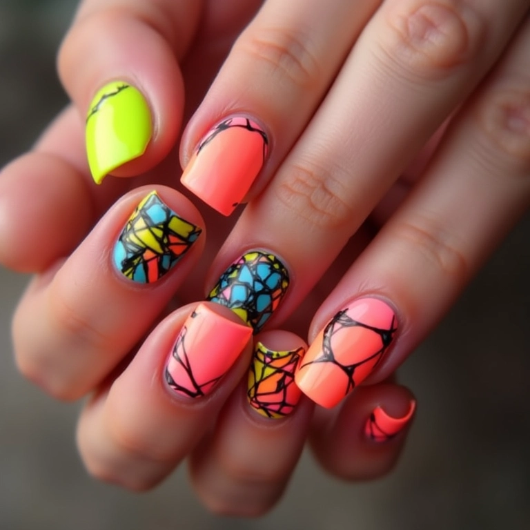 Decoração geométrica em unhas com cores neon.