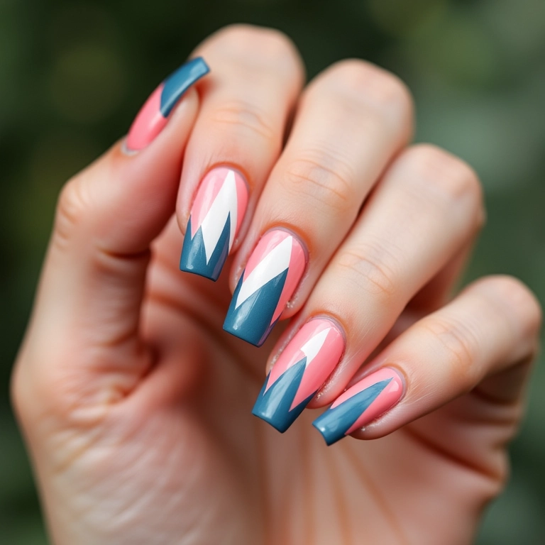 Decoração geométrica moderna em unhas quadradas curtas.