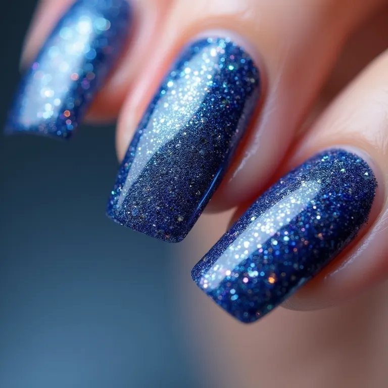 Degradê de azul com glitter em unhas de gel.
