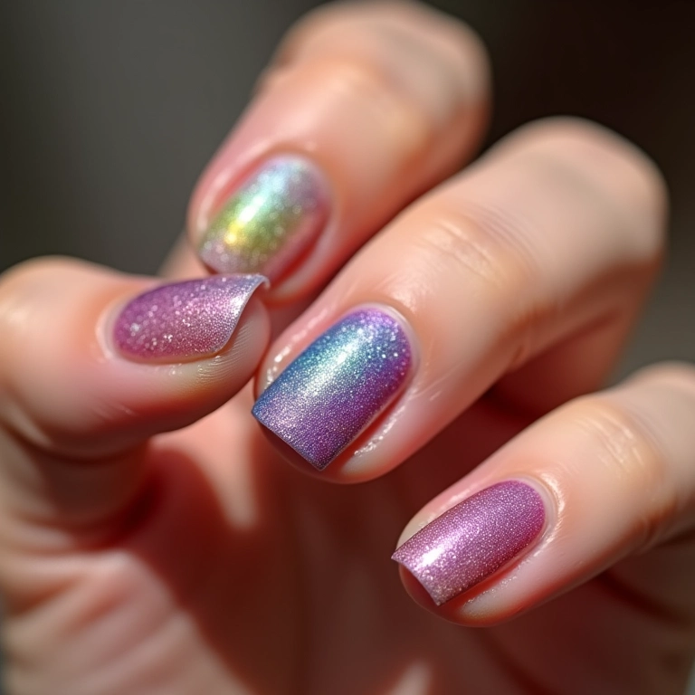 Degradê de glitter em pó nas unhas com transição suave.