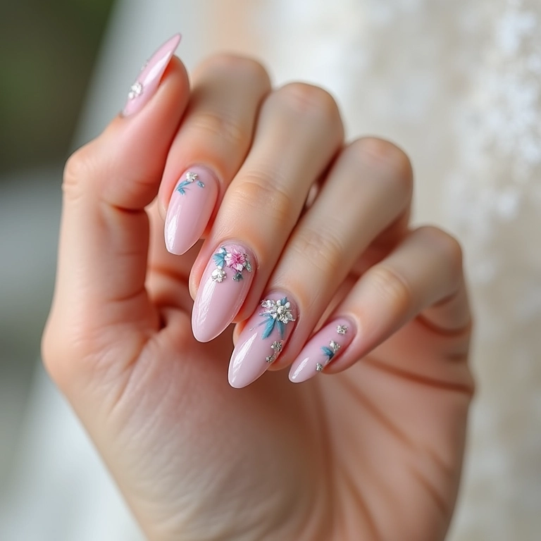 Delicada nail art com flores nas unhas de uma noiva, um toque romântico e natural.