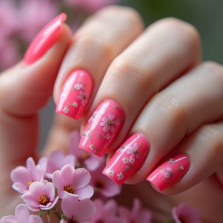 Delicadeza e feminilidade em unhas com flores neon.