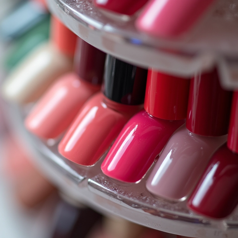 Demonstrador de esmaltes com diversas cores em destaque.