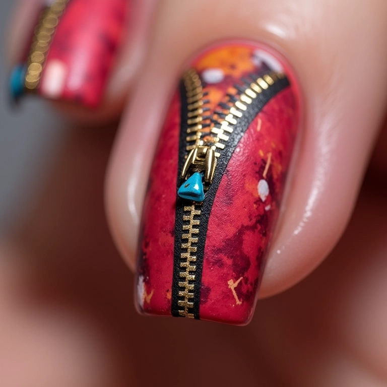 Desenho realista de zíper pintado nas unhas.