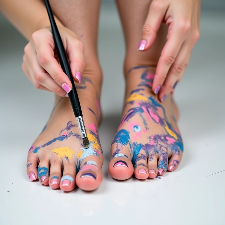 Desenhos abstratos com esmalte e pincel em sapatos.