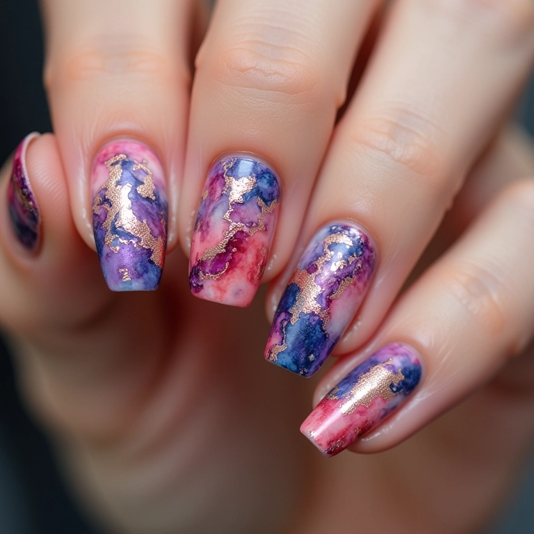 Desenhos abstratos em unhas com cores vibrantes.