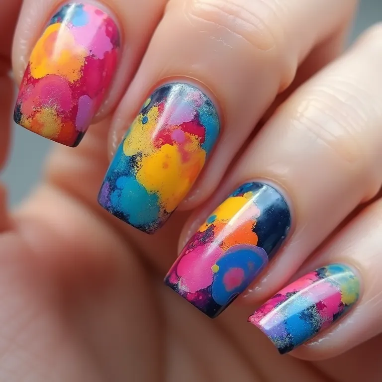 Desenhos abstratos nas unhas com explosão de cores e formas.
