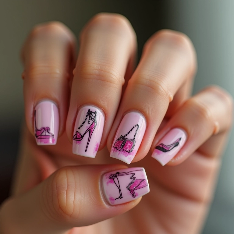 Desenhos de acessórios da Barbie nas unhas, criativo.