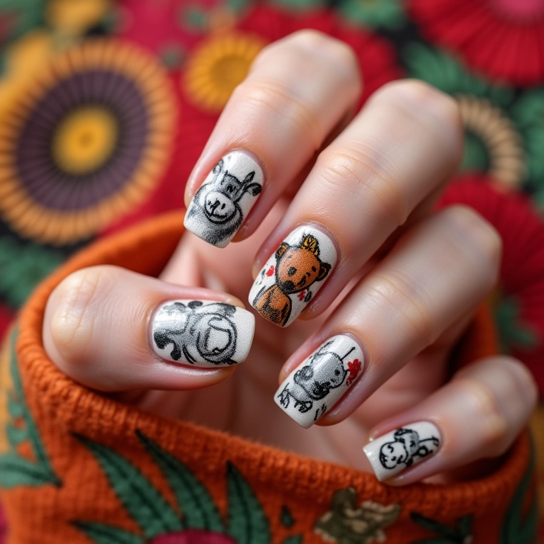Desenhos de animais da fazenda em unhas decoradas.