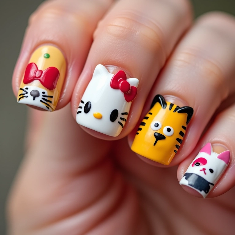 Desenhos de personagens de gato nas unhas.