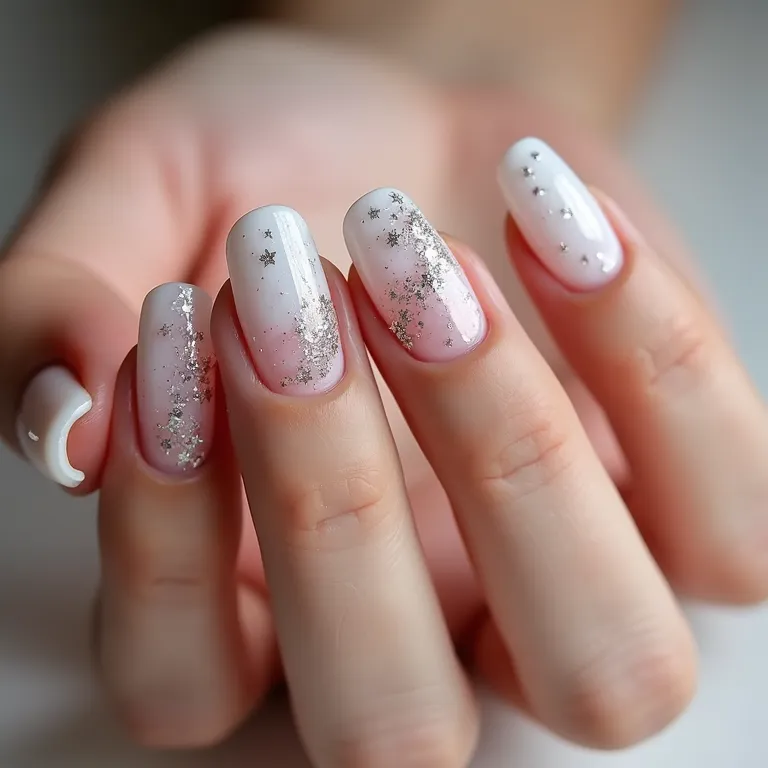 Desenhos delicados com glitter em unhas brancas.