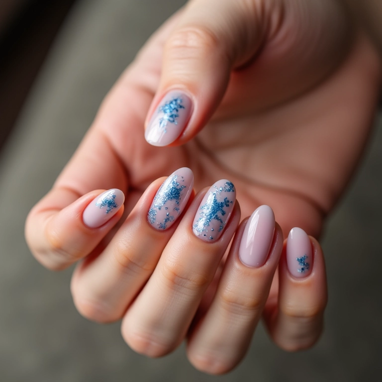 Desenhos delicados realçados com glitter azul.
