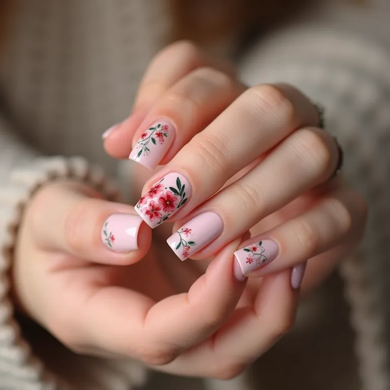 Desenhos florais minimalistas em unhas de gel.